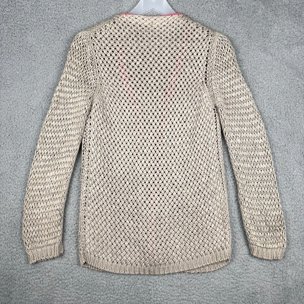Rene Lezard Womens Knit Cardigan Beige Tan Pink Trim Size 36 Open Front Hook - Picture 3 of 7